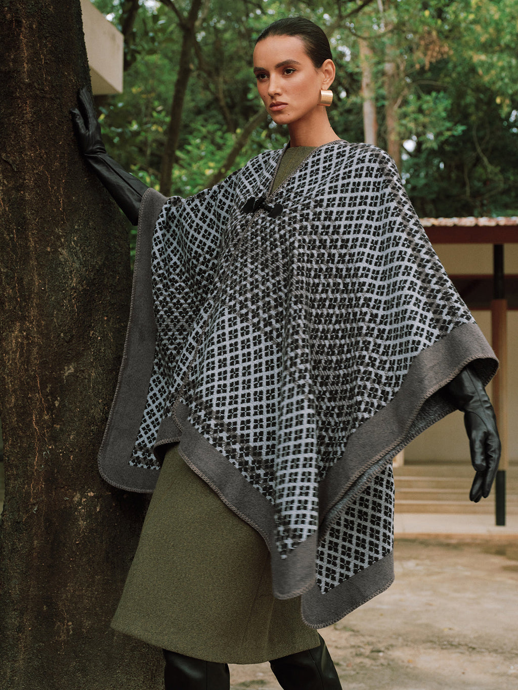 Horn Button Checked Knit Poncho Cozy Warm Winter Layer