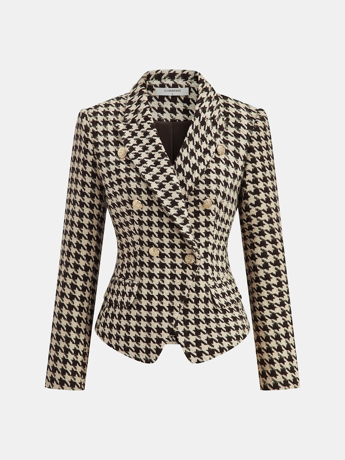 Metal Button Houndstooth Tweed Blazer for Women Classic Business Casual Coat