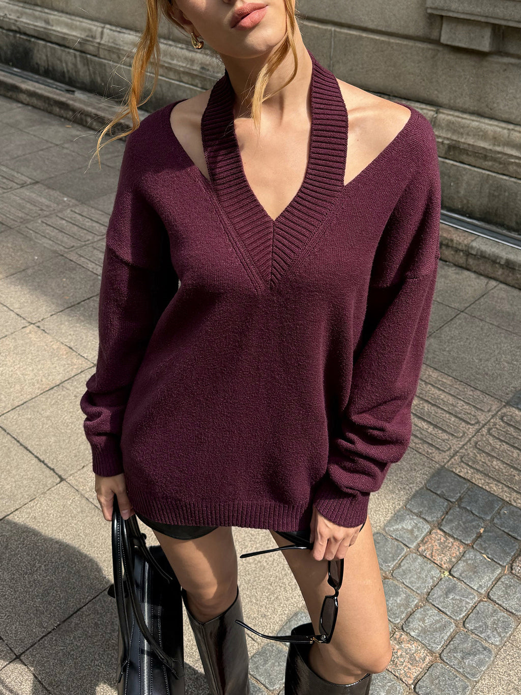Halter Off-shoulder V-Neck Sweater for Women Casual Knitwear
