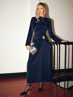Metal Detail Long-Sleeve Ruched Maxi Dress for Elegant Evening Wear