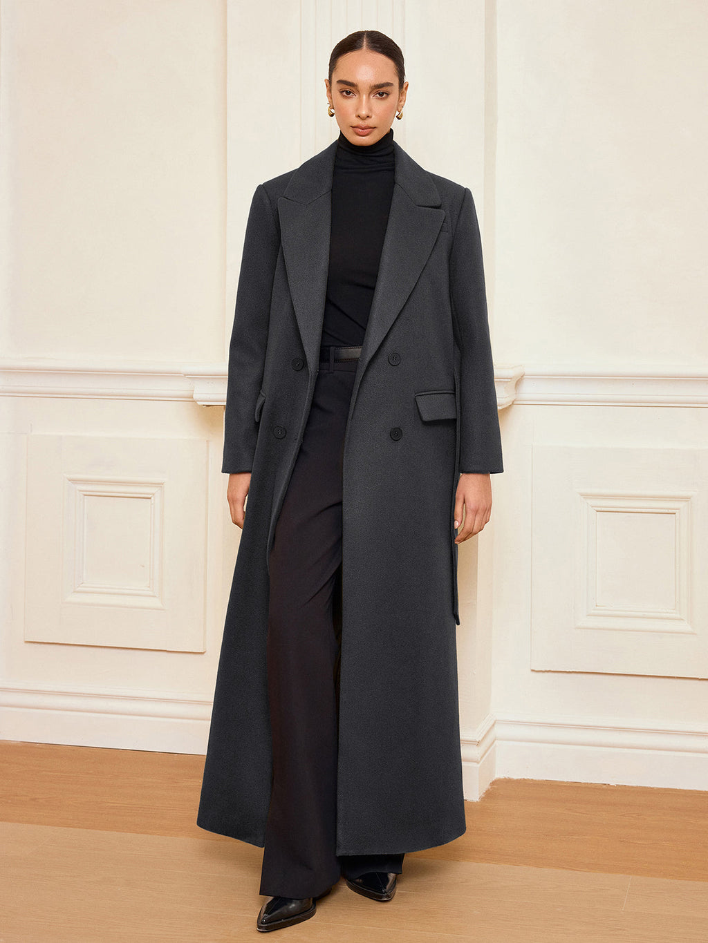 Double-Breasted Belted Long Coat for Women Winter Elegance