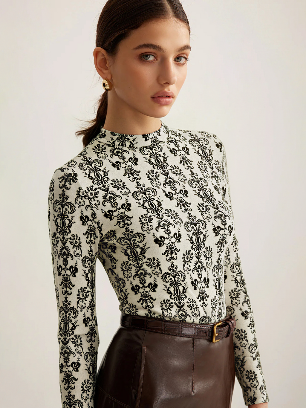 Damask Print Mock Neck T-Shirt Long Sleeve Casual Top