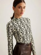 Damask Print Mock Neck T-Shirt Long Sleeve Casual Top