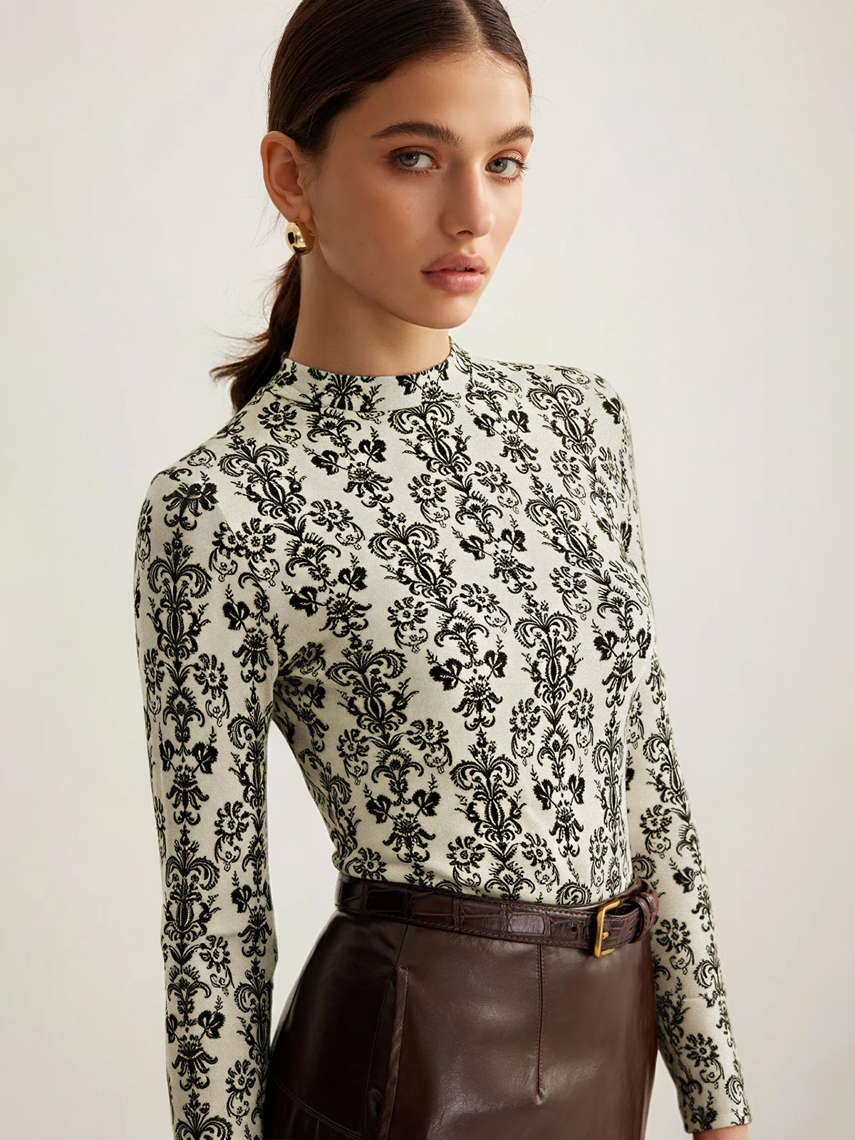 Damask Print Mock Neck T-Shirt Long Sleeve Casual Top