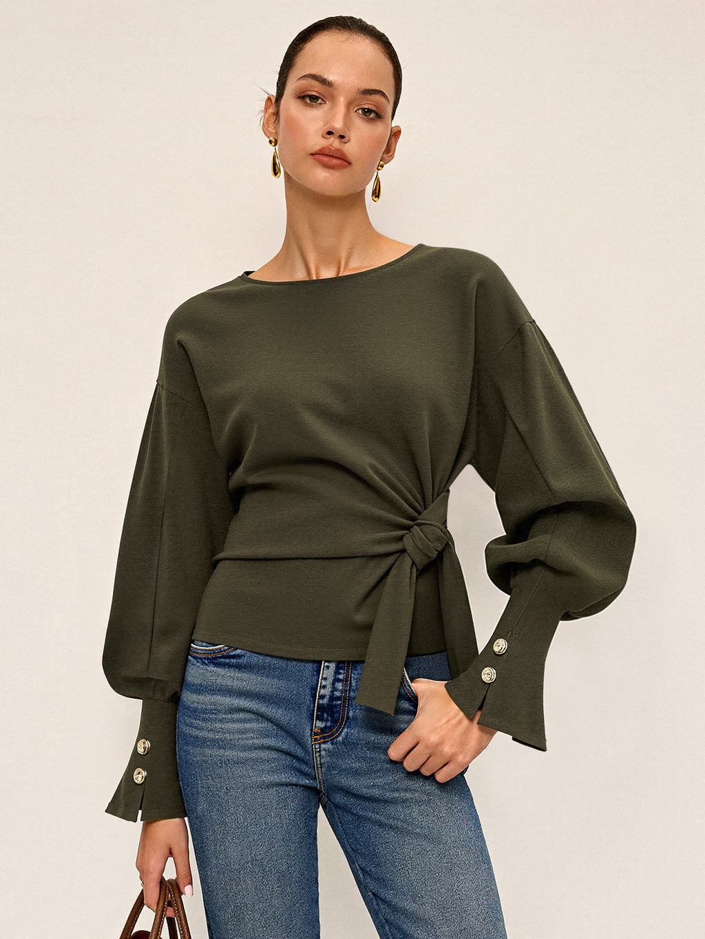 Twist Knot Balloon Sleeve Sweatshirt - Casual Women's Stylish Top Pullover