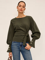 Twist Knot Balloon Sleeve Sweatshirt - Casual Women's Stylish Top Pullover