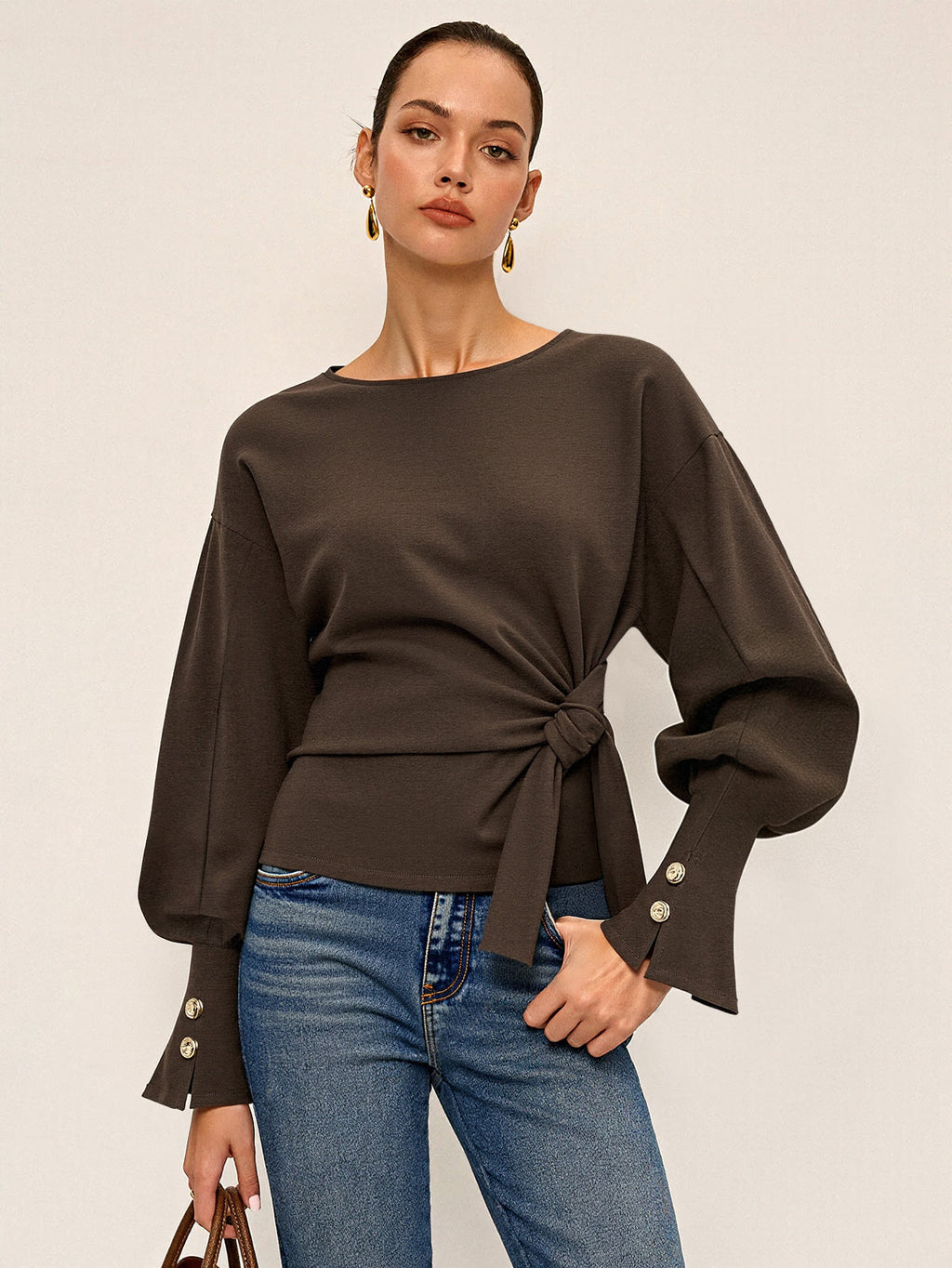 Twist Knot Balloon Sleeve Sweatshirt - Casual Women's Stylish Top Pullover