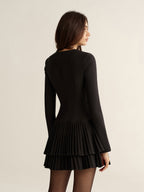 Long Sleeve Tiered Pleated Mini Dress with Ruffled Collar Detail