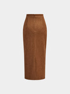 Draped Slit Suede Effect Midi Skirt with Elastic Waistband