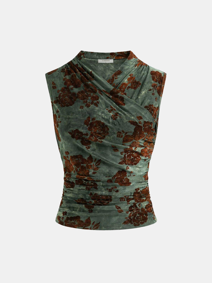 Floral Jacquard Ruched Sleeveless Top for Women Summer Casual Wear