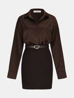 Ribbed Knit Panel Belted Shirt Dress with Waist Tie Detail