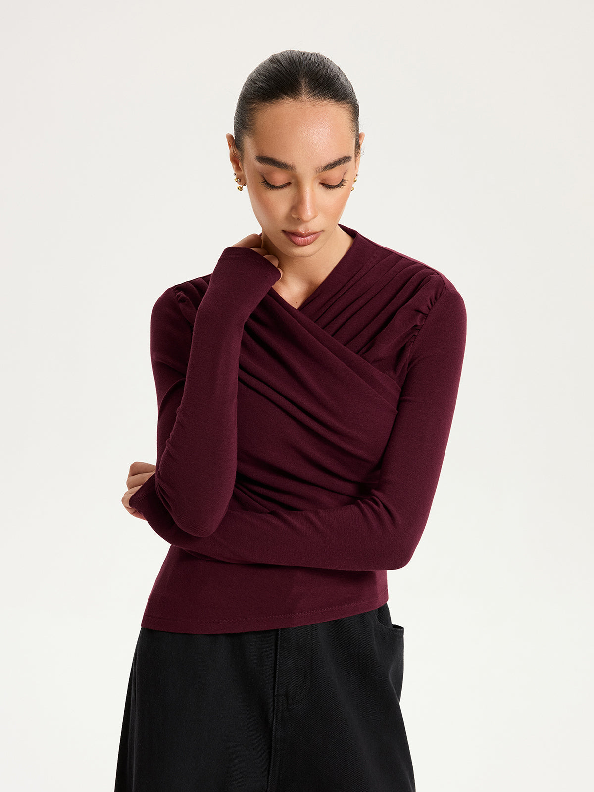 Cross Ruched Long Sleeve Top with V-Neck Design for Women