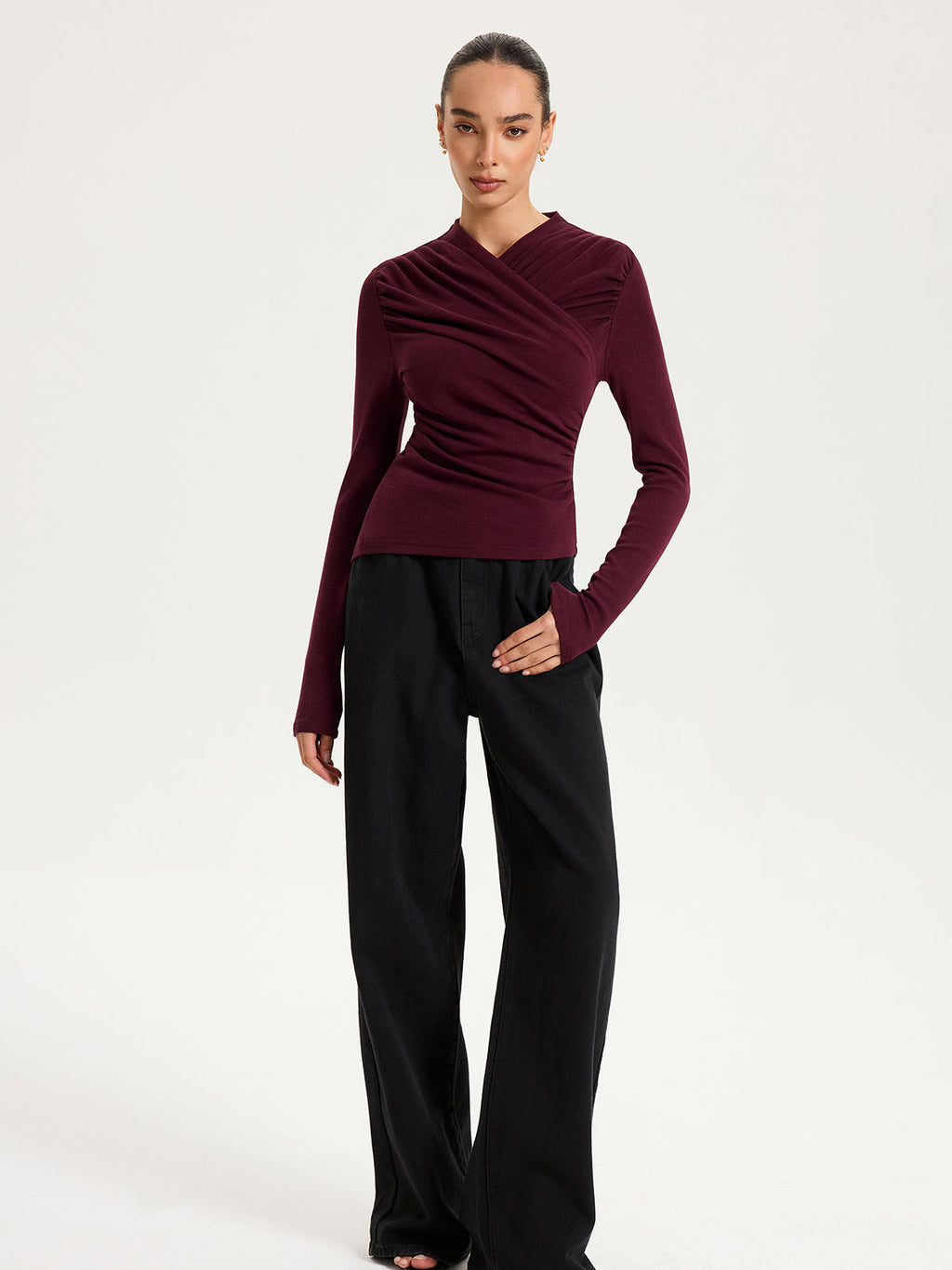 Cross Ruched Long Sleeve Top with V-Neck Design for Women