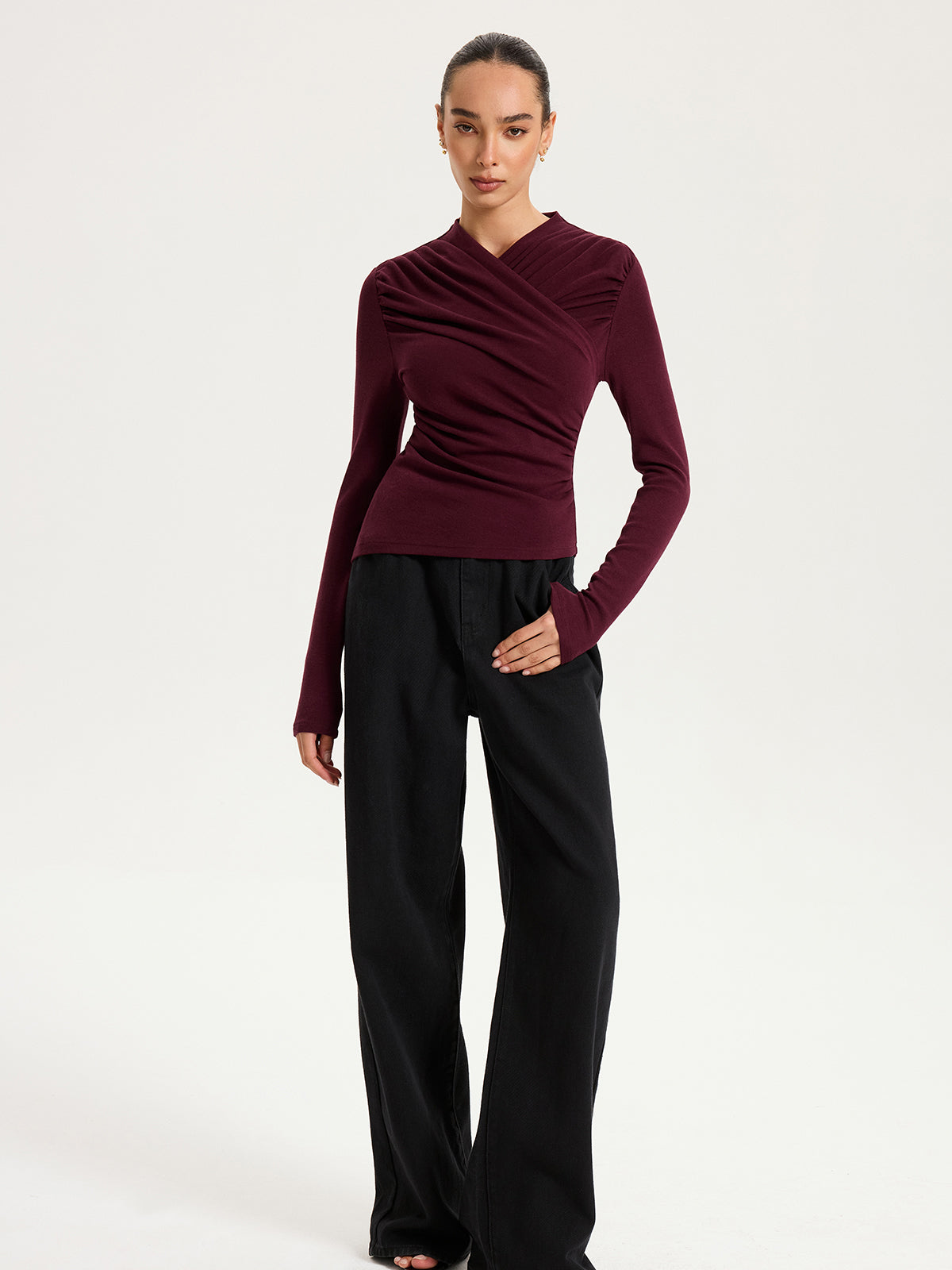 Cross Ruched Long Sleeve Top with V-Neck Design for Women