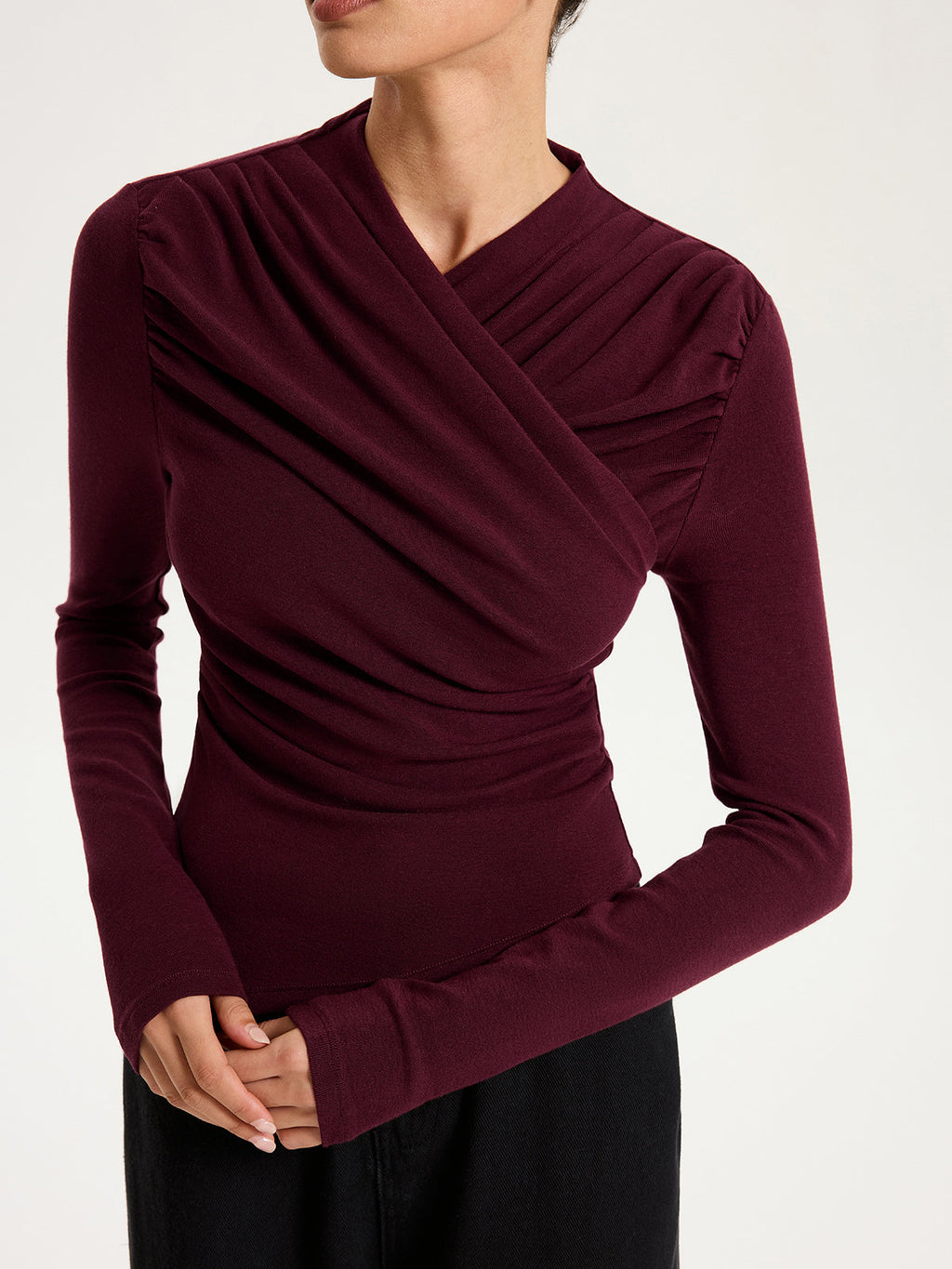 Cross Ruched Long Sleeve Top with V-Neck Design for Women