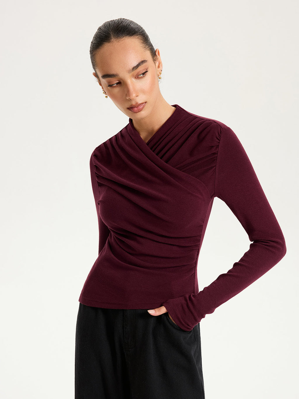 Cross Ruched Long Sleeve Top with V-Neck Design for Women