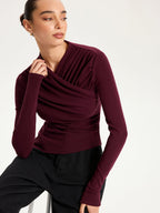 Cross Ruched Long Sleeve Top with V-Neck Design for Women