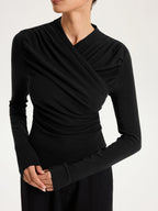 Cross Ruched Long Sleeve Top with V-Neck Design for Women