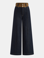 Contrast Waistband High-Waist Denim Straight-Leg Pants for Women