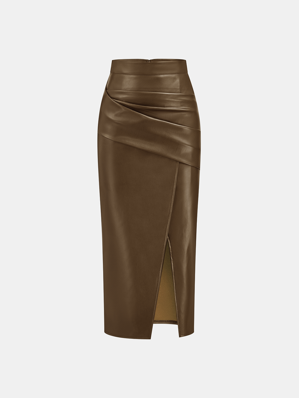 Ruched Slit PU Leather Midi Skirt High Waist Fashionable Style