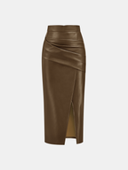 Ruched Slit PU Leather Midi Skirt High Waist Fashionable Style
