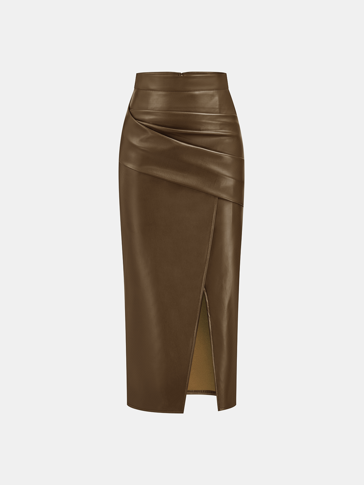 Ruched Slit PU Leather Midi Skirt High Waist Fashionable Style