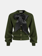 Bow Detail Metal Button Knit Cardigan with Front Pockets and Ribbed Trim