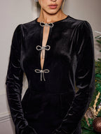 Velvet Long Sleeve Rhinestone Bow Dress, Elegant Party Evening Wear