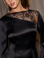 Long Sleeve Lace Neck Satin Mini Dress Elegant Evening Party Wear