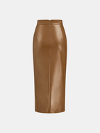 Ruched Slit PU Leather Midi Skirt High Waist Fashionable Style