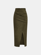 Draped Slit Suede Effect Midi Skirt with Elastic Waistband