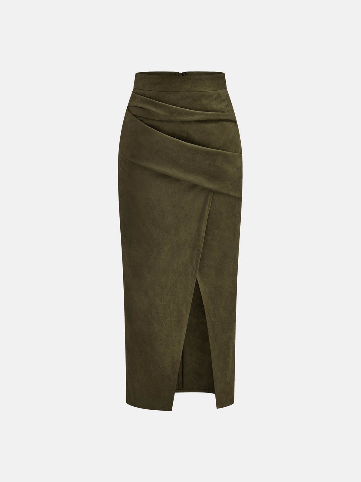 Draped Slit Suede Effect Midi Skirt with Elastic Waistband