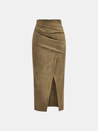 Draped Slit Suede Effect Midi Skirt with Elastic Waistband