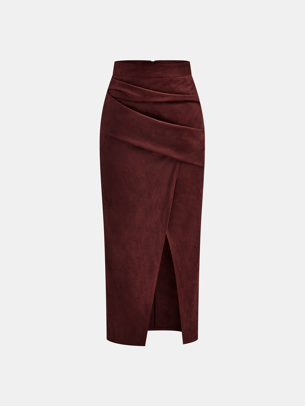 Draped Slit Suede Effect Midi Skirt with Elastic Waistband