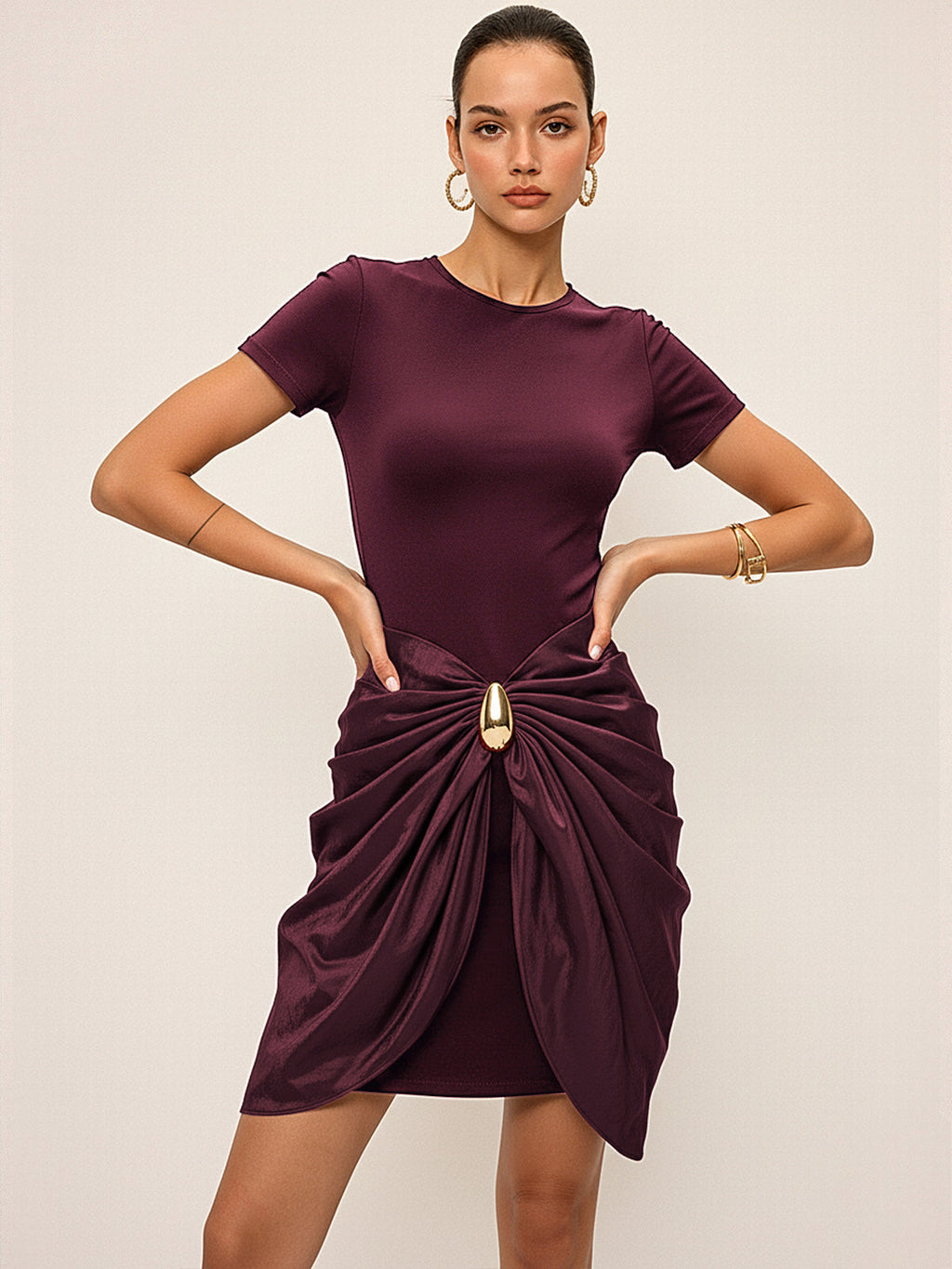 Short Sleeve Ruched Metal Buckle Dress for Women, Elegant Party Wear