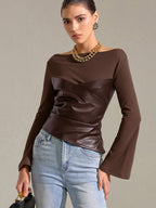 Flared Sleeve Faux Leather Panel Knit Top Women's Stylish Casual Wear