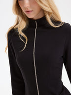 Rhinestone Trim Mock Neck Mini Dress with Sheer Sleeves