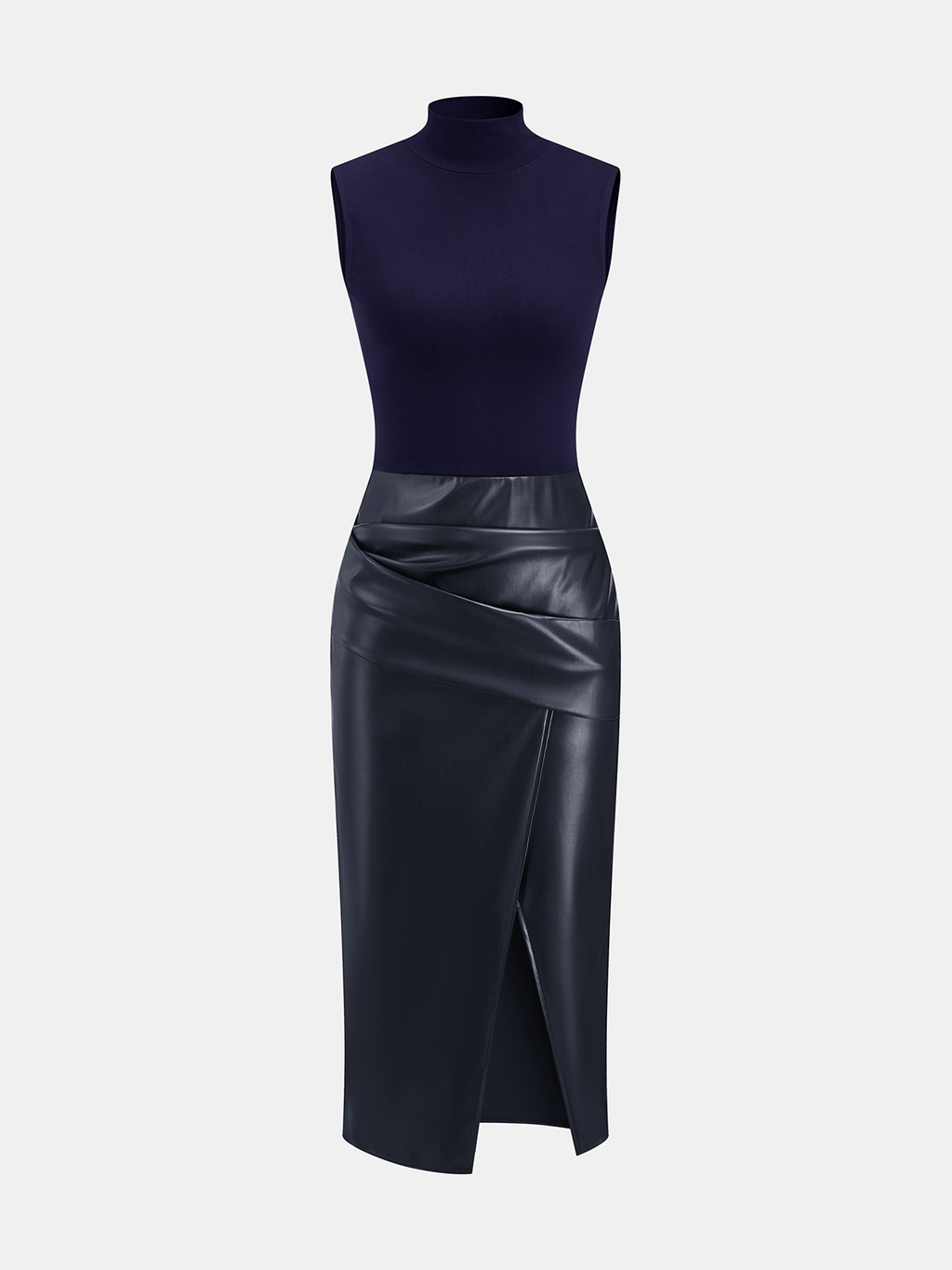 Faux Leather Panel Mock Neck Sleeveless Dress for Women, Elegant Party Outfit