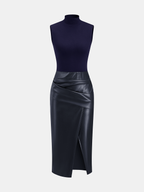 Faux Leather Panel Mock Neck Sleeveless Dress for Women, Elegant Party Outfit
