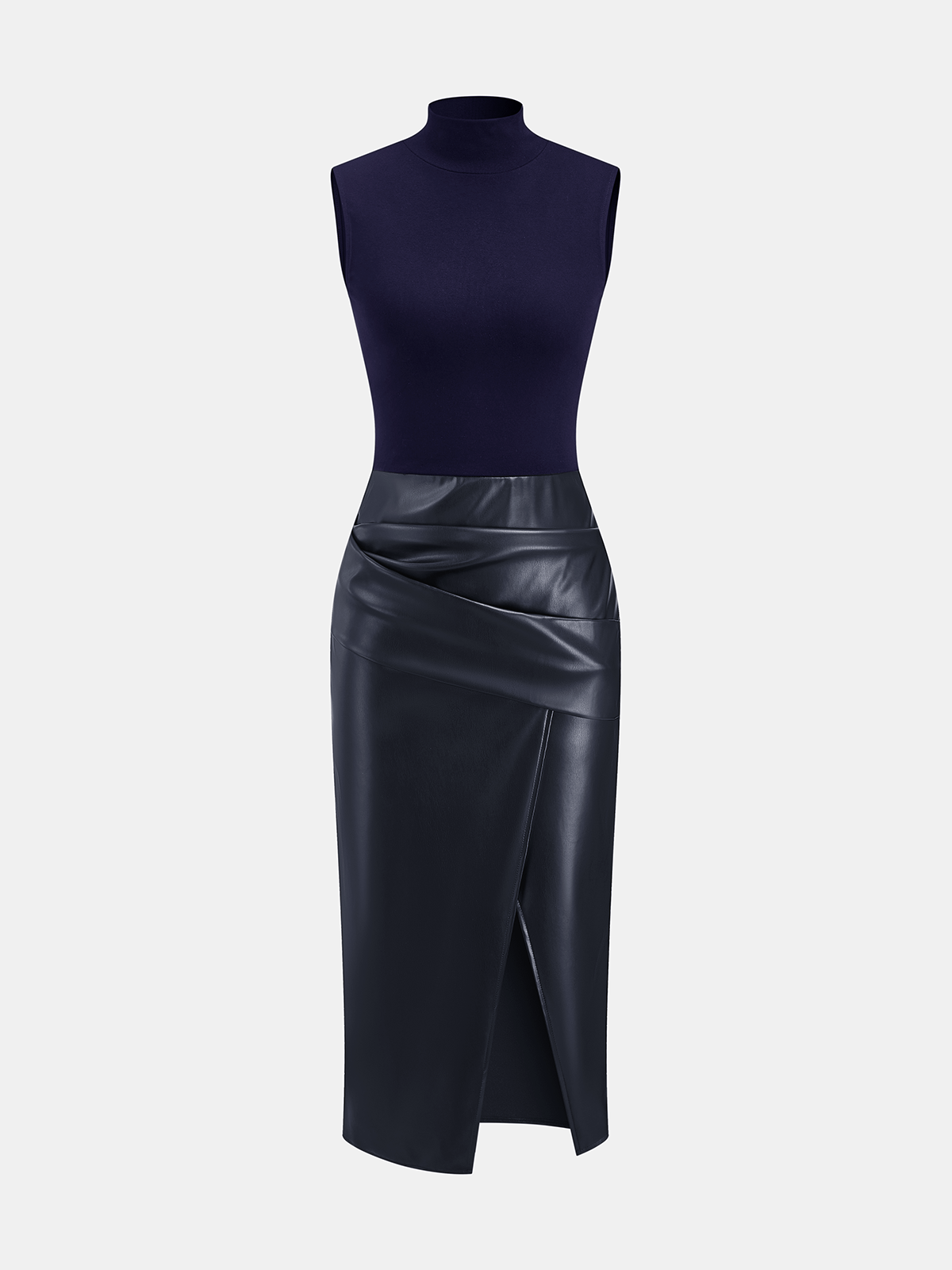 Faux Leather Panel Mock Neck Sleeveless Dress for Women, Elegant Party Outfit
