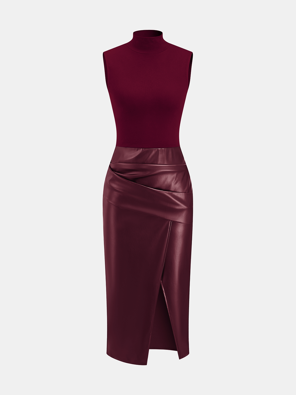 Faux Leather Panel Mock Neck Sleeveless Dress for Women, Elegant Party Outfit