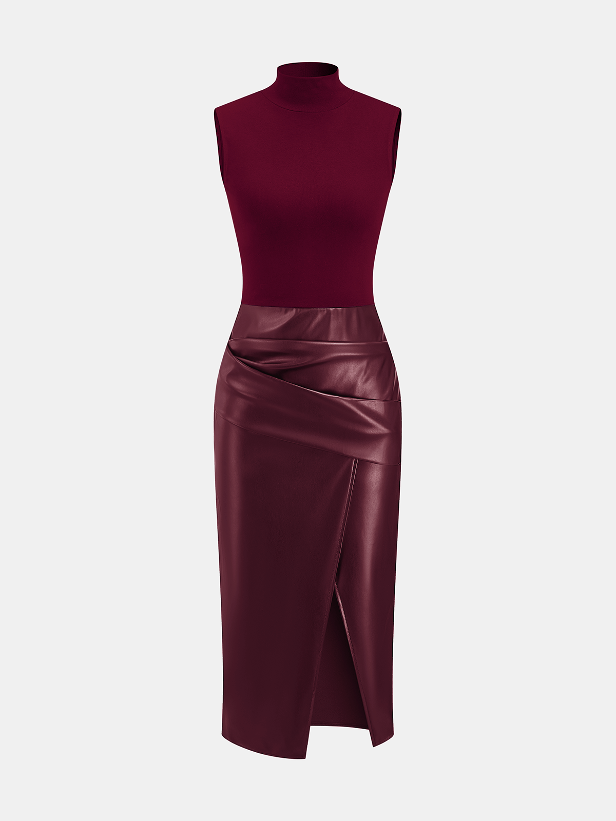 Faux Leather Panel Mock Neck Sleeveless Dress for Women, Elegant Party Outfit