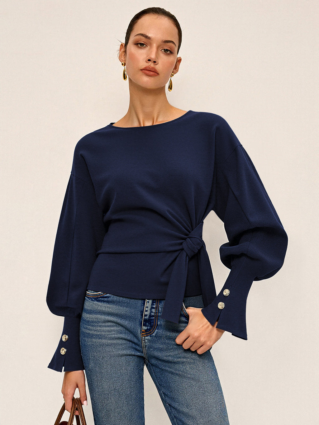 Twist Knot Balloon Sleeve Sweatshirt - Casual Women's Stylish Top Pullover