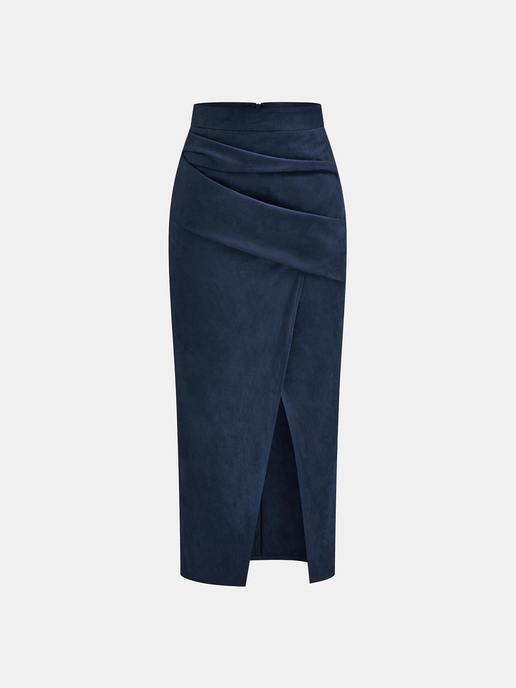 Draped Slit Suede Effect Midi Skirt with Elastic Waistband