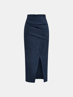 Draped Slit Suede Effect Midi Skirt with Elastic Waistband