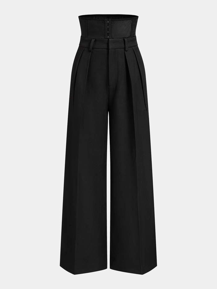 Corset Waist Pleated Wide Leg Pants - Comfortable High-Waisted Design for Women
