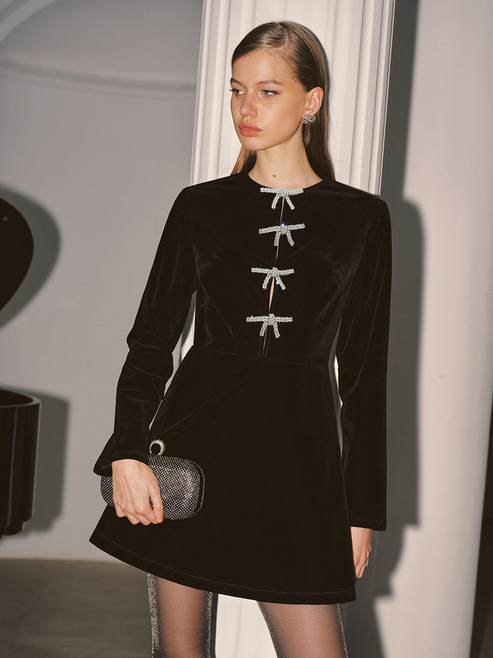 Crystal Bow Detail Velvet Mini Dress with Elegant Back Zip Closure