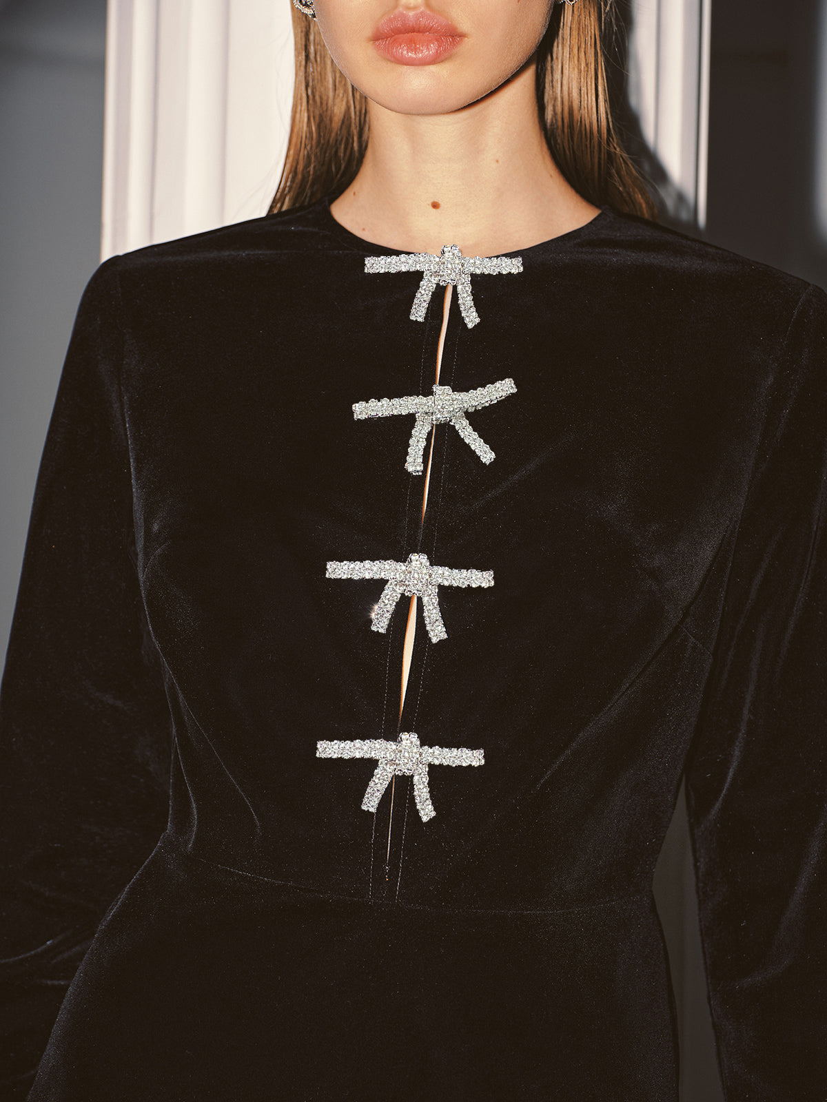 Crystal Bow Detail Velvet Mini Dress with Elegant Back Zip Closure