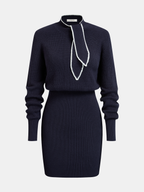 Contrast-Trim Tie-Neck Knit Midi Dress - Elegant Women's Casual Wear