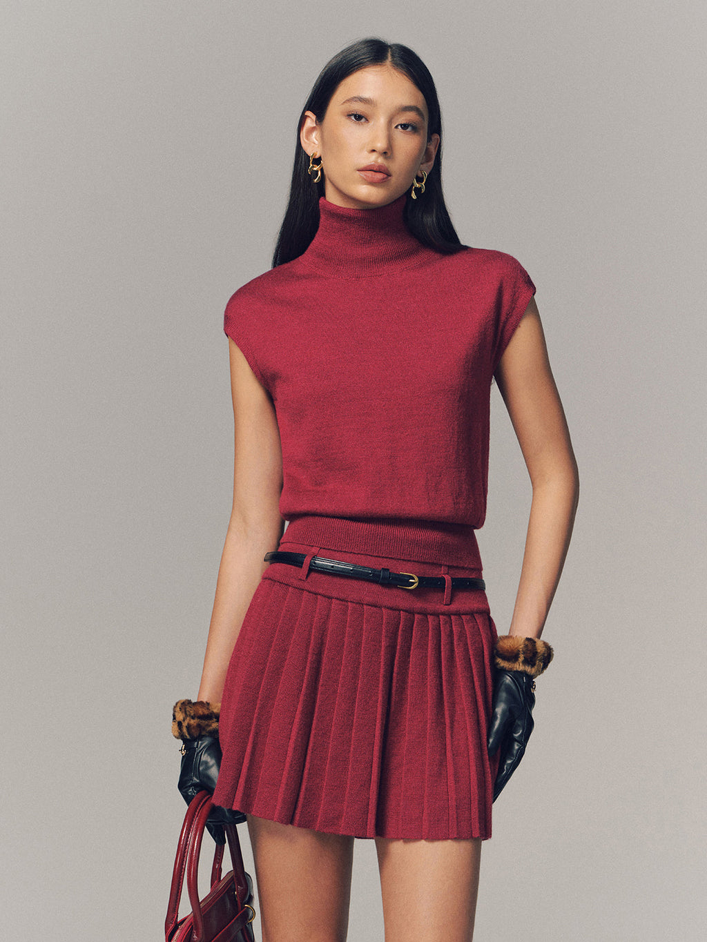 Turtleneck Top & Pleated Mini Skirt Set with Belt - Trendy Women's Fashion Outfit
